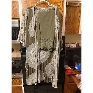 Est. 1946 Olive Green Kimono and Lace Trim Pants Set Women Size L 10 Boho